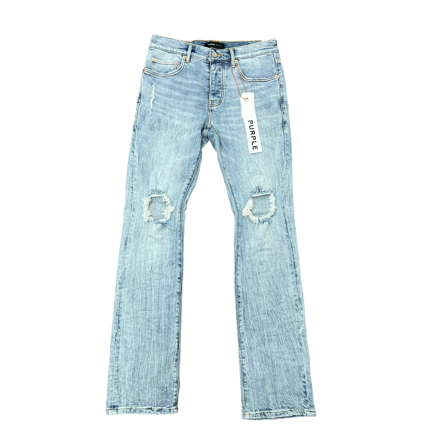 purple brand p004 light indigo knee blowout jeans