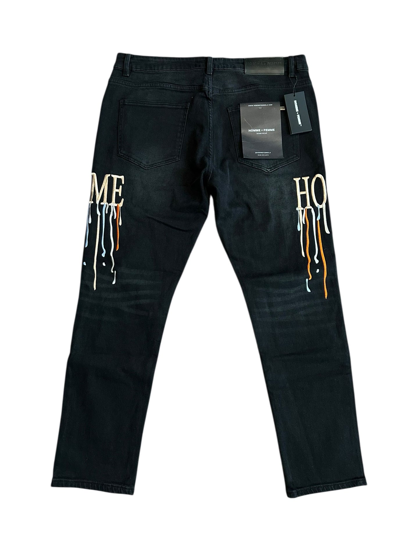 homme femme letterman drip black jeans