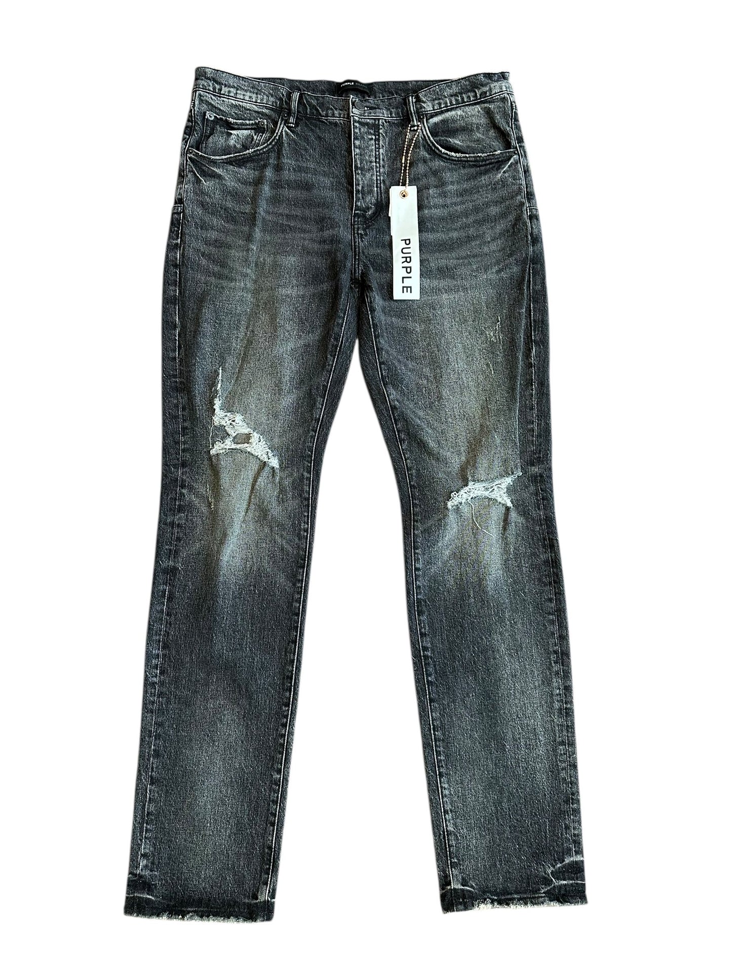 purple brand distressed knee black jeans