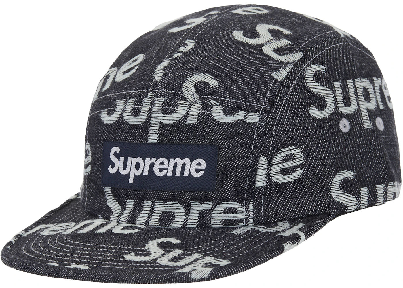 Supreme Jacquard Logos Denim Camp Cap Rigid Indigo