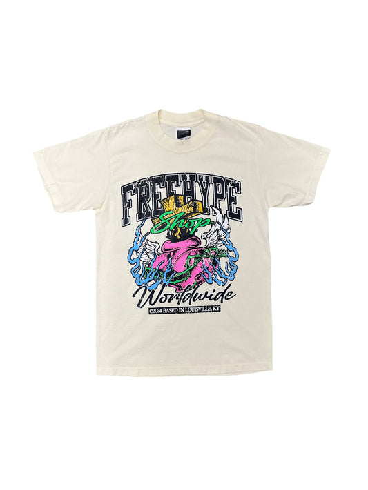 Freehype "cross heart" cream tee.