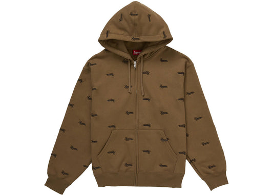 Supreme Repeat Script Zip Up Hooded Sweatshirt Dark Khaki