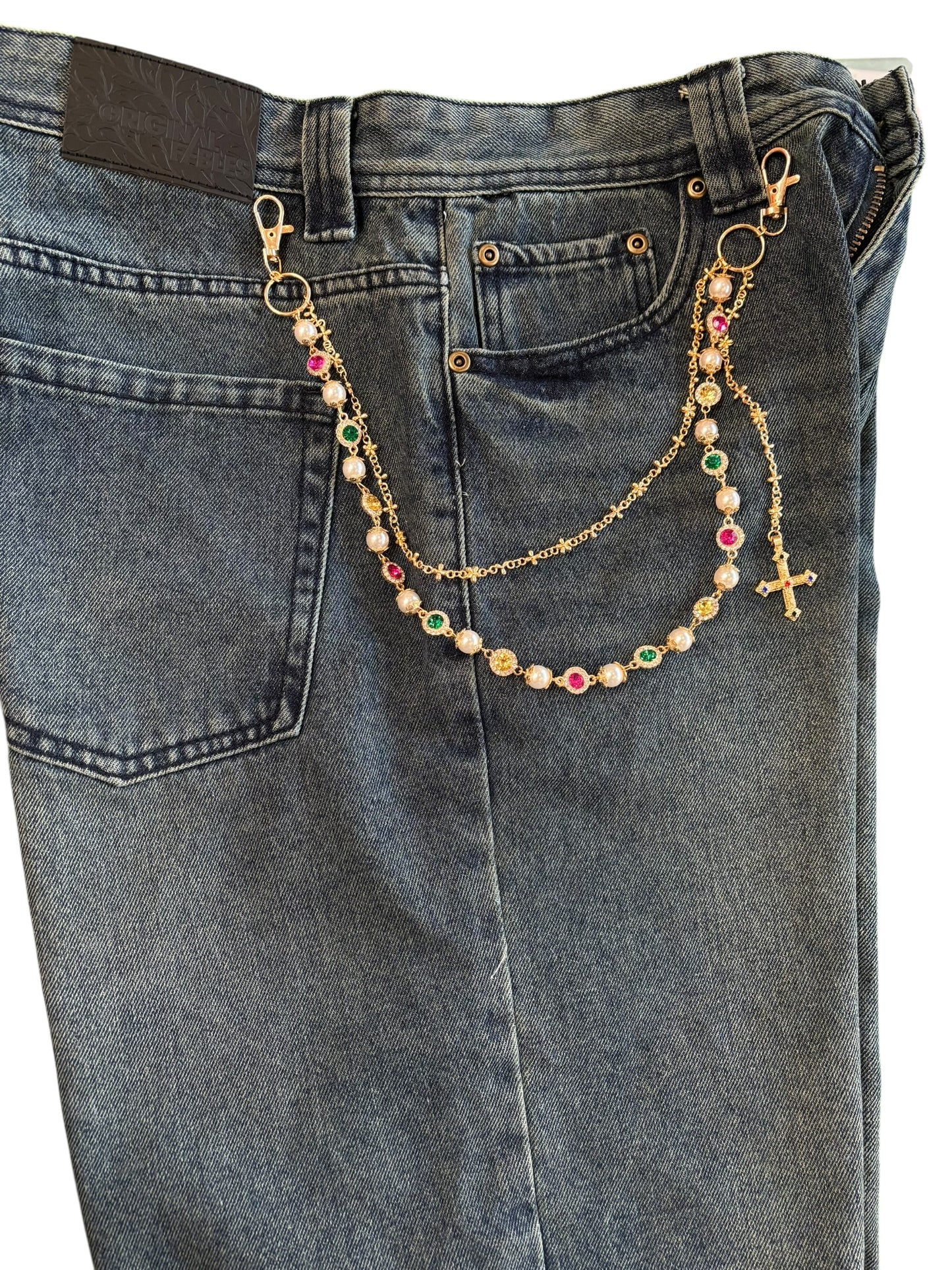 Gold Pearl Wallet Chain W/ Cross