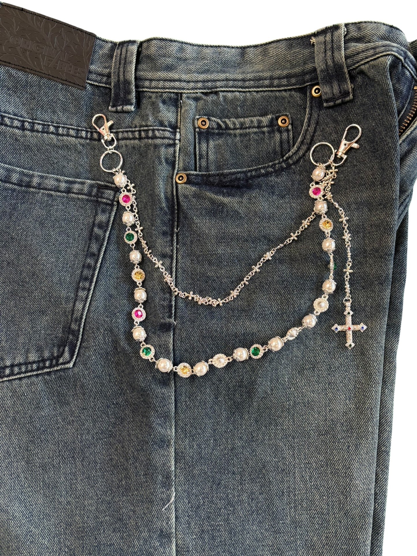 Silver Pearl Wallet Chain W/ Cross