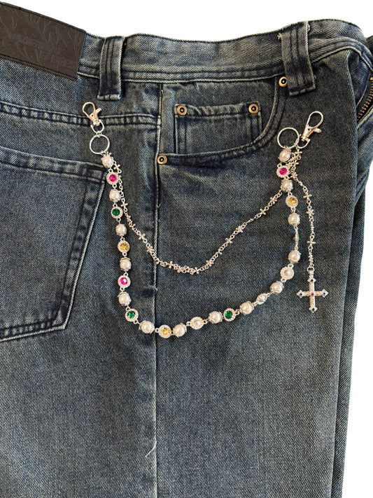 Silver Pearl Wallet Chain W/ Cross