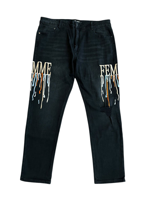 homme femme letterman drip black jeans