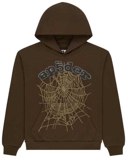 Sp5der Brown OG Web Rhinestone Hoodie